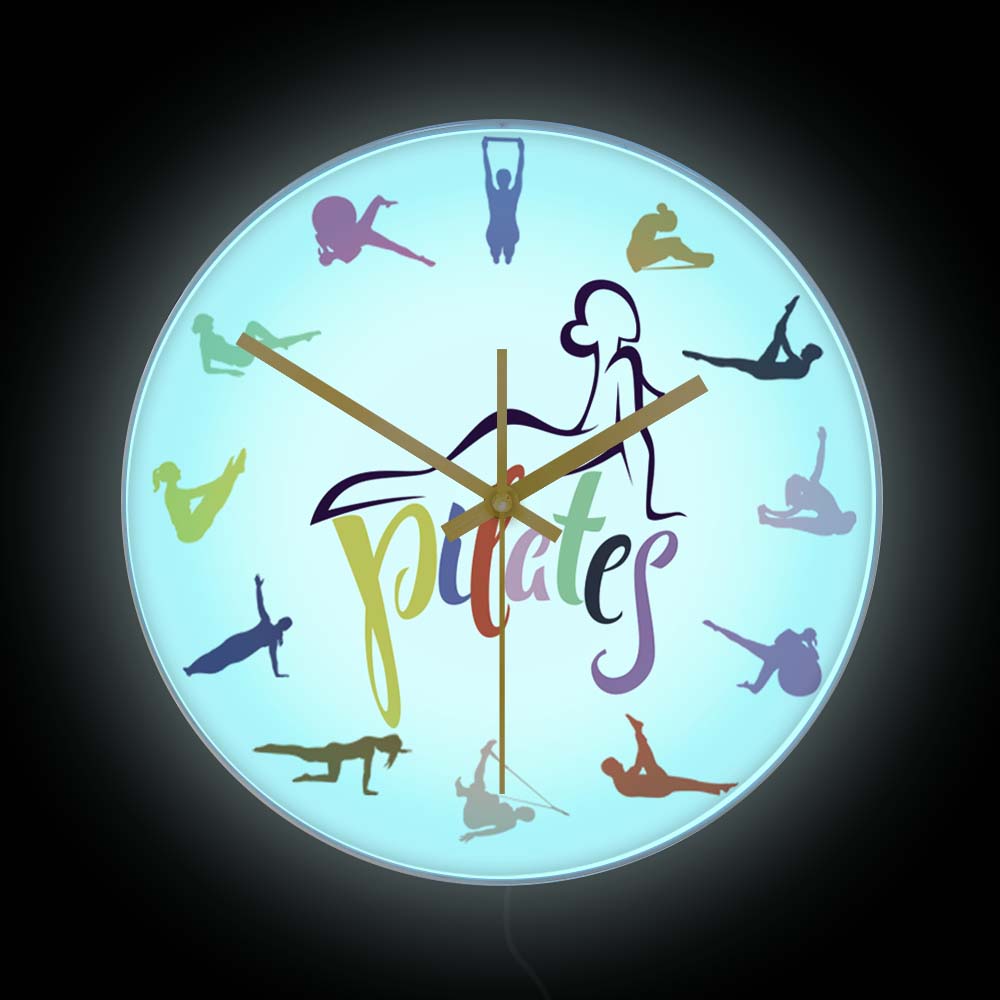 Yoga Fitness Room - นาฬิกาแขวนผนังพิมพ์ลายสีสันสดใสพร้อมไฟ LED สำหรับห้องฟิตเนส ห้องโยคะ ป้ายไฟนีออน LED
