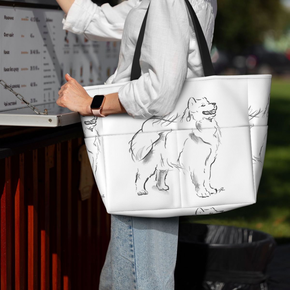 กระเป๋าโท้ทลายสุนัขซามอยด์ กระ - Yoga Fitness Drawing บทวิจารณ์และราคา